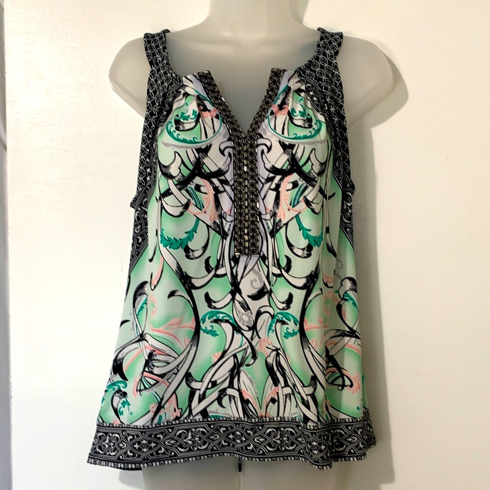 White House Black Market Black and Green Patterned Tank Top